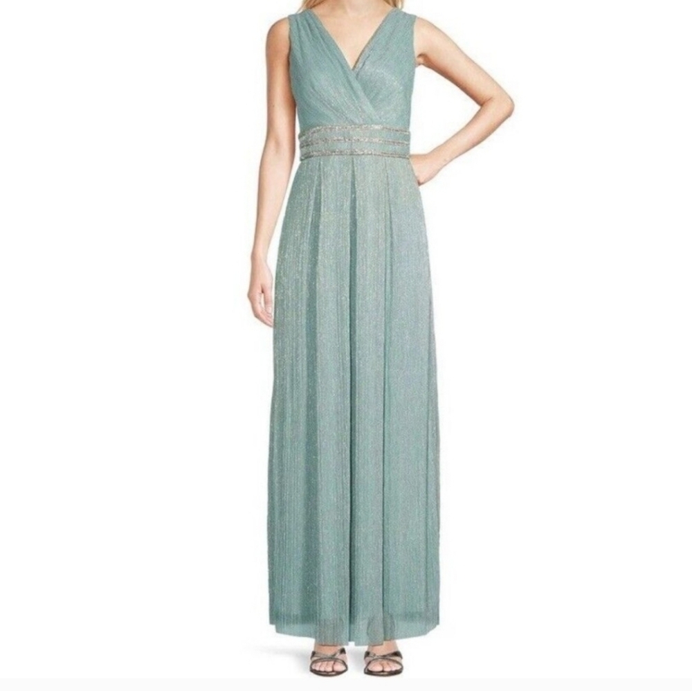 R&M Richards Dress 14 Pleated Metallic V-Neck Sleeveless Gown Seafoam Green Prom